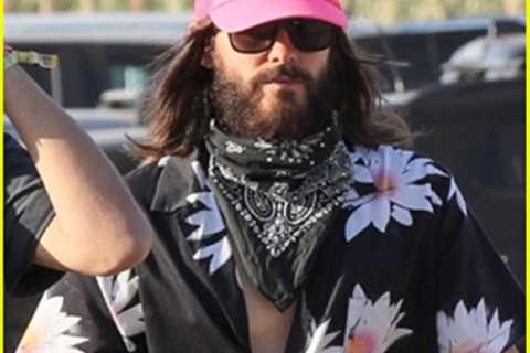 Jared Leto wears floral print shirt and pink trucker hat at Coachella 2022 Day 3